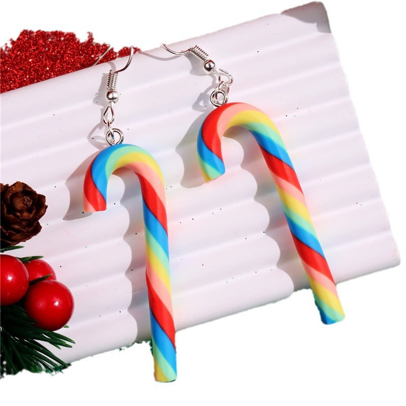 Wholesale Large Candy Cane Christmas Colorful Stripesd Rainbow Candy Pendant Earrings