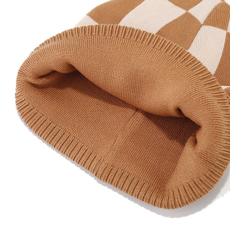 Wholesale Adult Winter Checkerboard Double Layer Thickened Knitted Hat Gloves Scarf Set