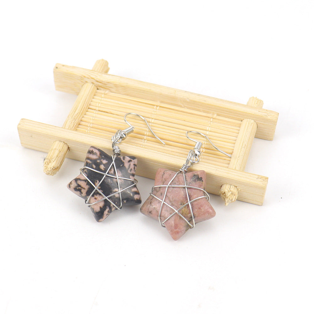 Wholesale Hand-wound Natural Crushed Stone Crystal Tiger Stone Pentagram Earrings