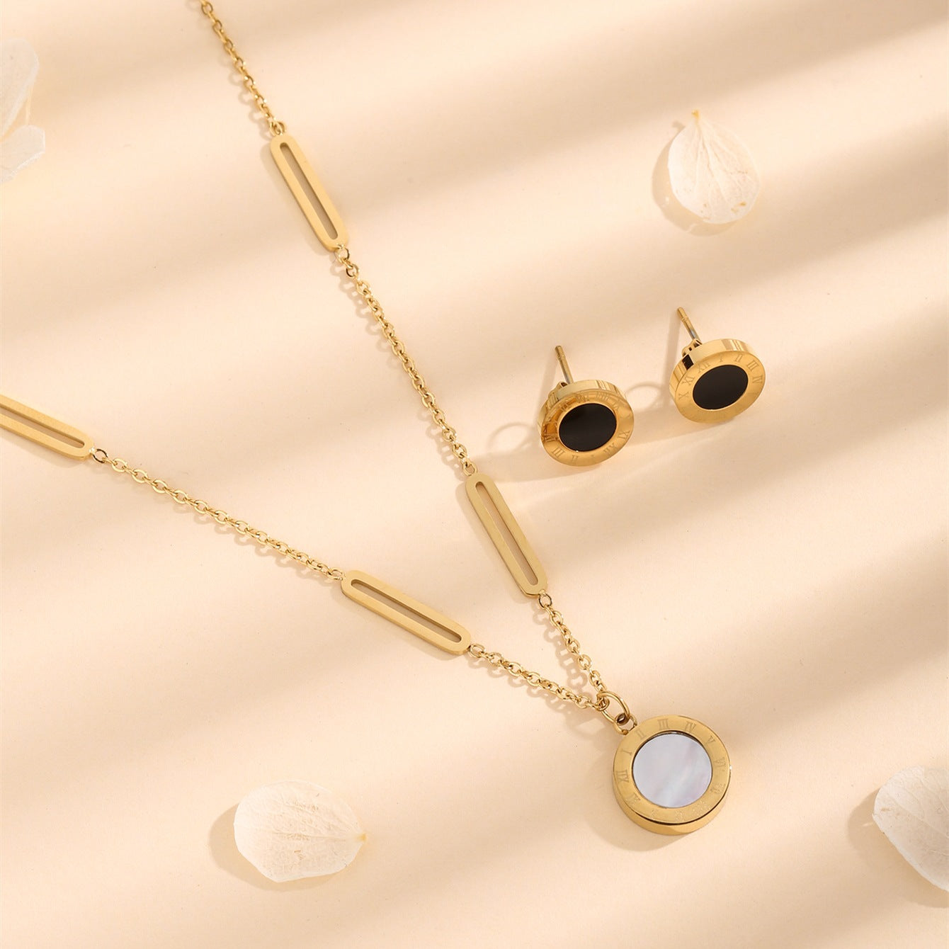 Wholesale Golden Titanium Steel Double  Sided Roman Numeral Circle Necklace Earrings