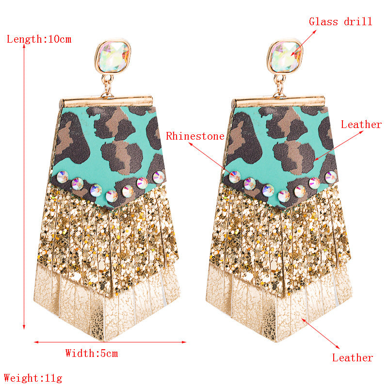 Wholesale Exaggerated leopard leather earrings with diamond tassels double-layer earrings