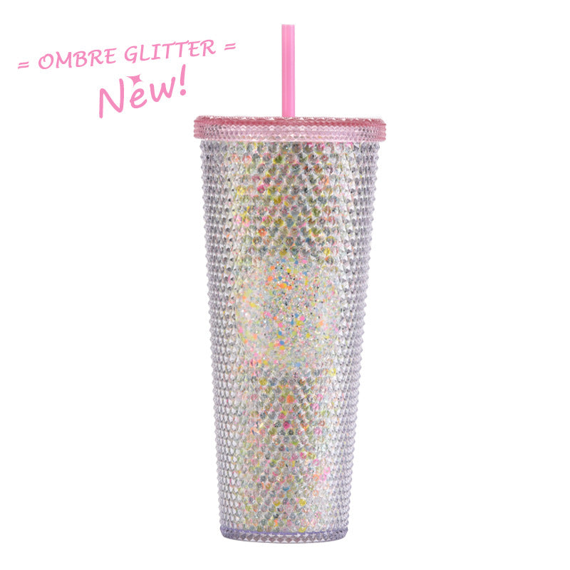 Wholesale Double-layer Plastic 710ml Durian Prick Hand Luminous Color Changing Rainbow Gradient Straw Cup