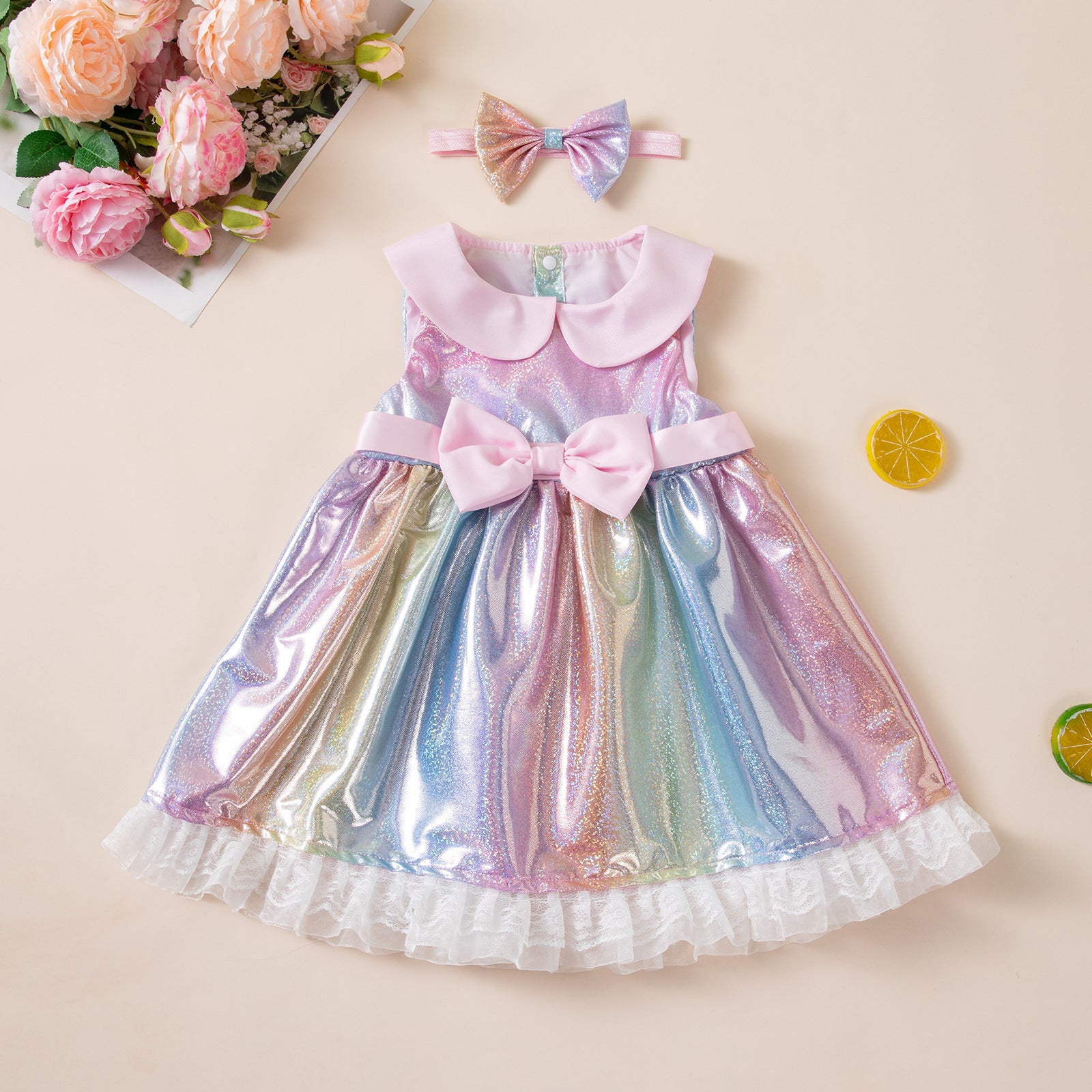 Wholesale Summer Trendy Girls Rainbow Princess Dress Sleeveless Doll Collar Sequin Bow Waist Party Photo Polyester