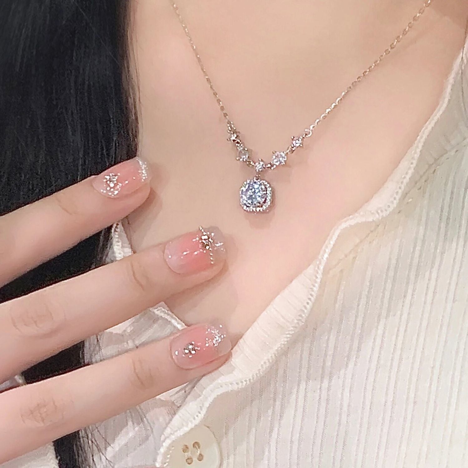 Wholesale Square Diamond Zircon Necklace Women's Simple Light Luxury Pendant Collarbone Chain Tanabata Valentine's Day Gift