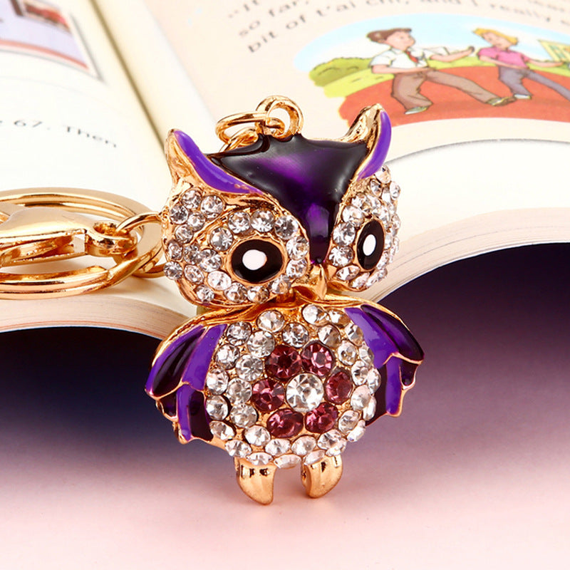 Wholesale Pink Rhinestone Owl Car Keychain Metal Key Ring Bag Charm Fashion Accessory Gift