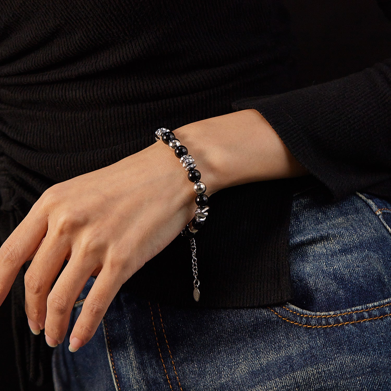 Wholesale Personality Fashion All-match Black Agate Stainless Steel Bracelet