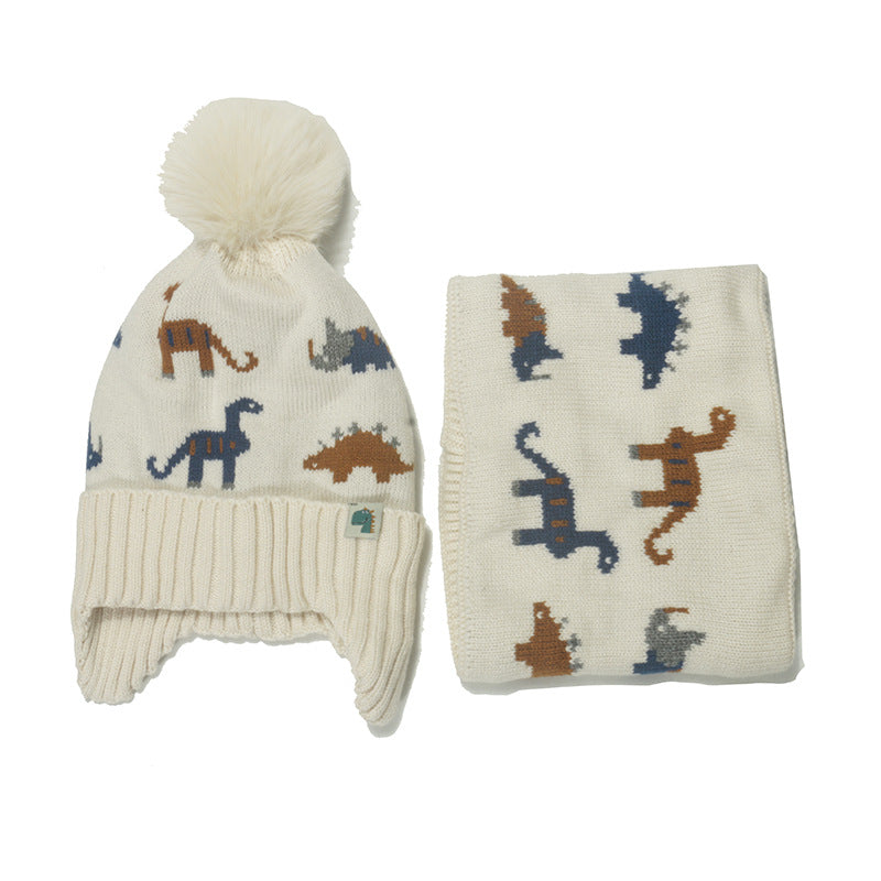 Wholesale Autumn and Winter Children's Dinosaur Plus Velvet Warm Acrylic Scarf and Hat Set of Two