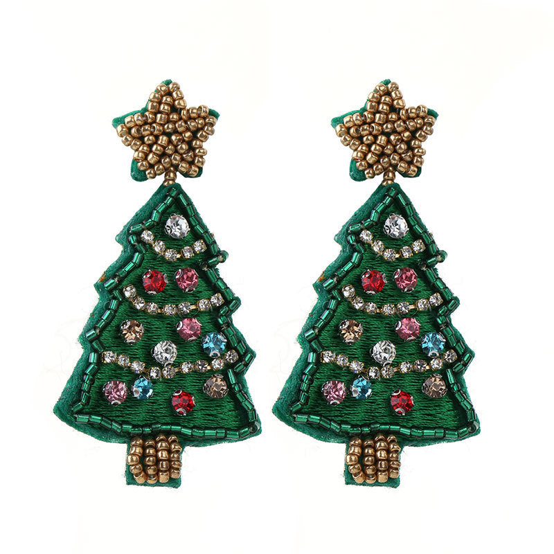 Wholesale Christmas Tree Fabric Handmade Rice Beads Creative Design Beads Christmas Fashion Earrings