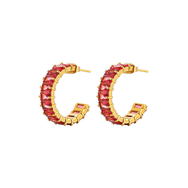 Wholesale Colored Zircon Stainless Steel Gold Plated C Shape Earrings