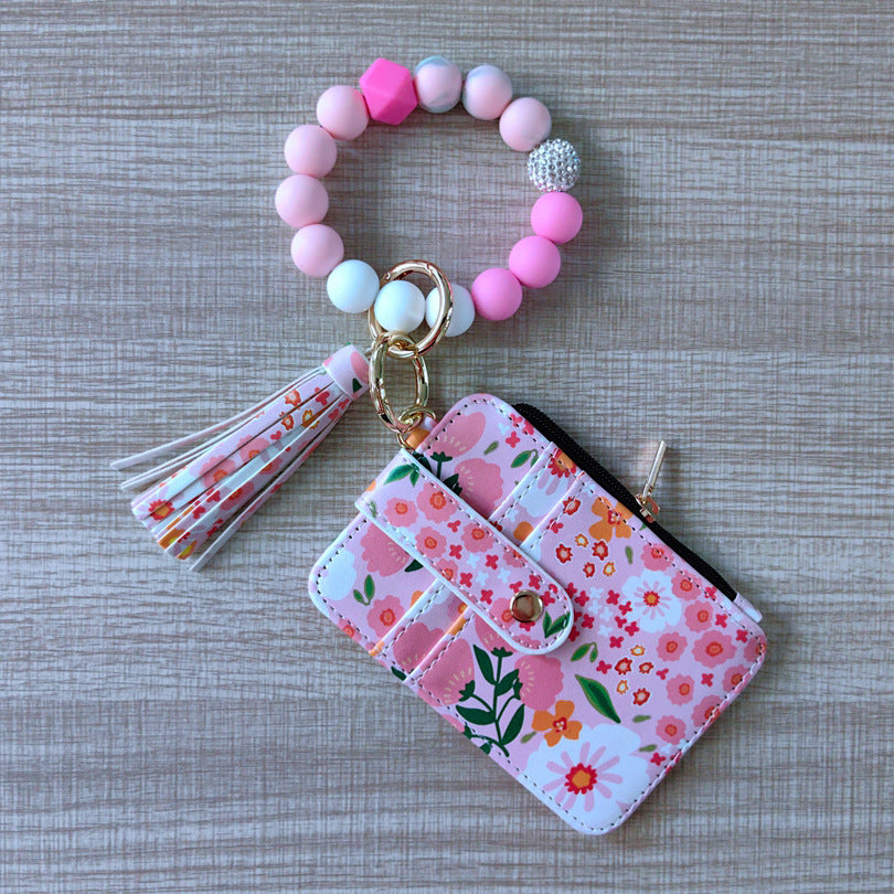 Wholesale  Bracelet Keychain Card Bag Pu Flower Wallet Keychains