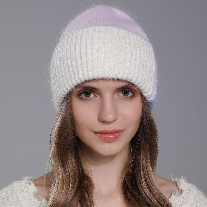 Wholesale Rabbit Fur Knitted Winter Fashion Warm Color Matching Wool All-match Women's Pullover Hat