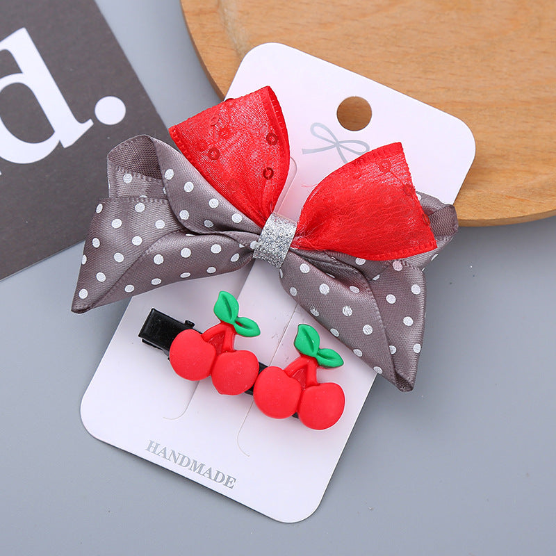 Wholesale 2PCS/Pack Girl's Hair Accessories Resin Bow Hairpin Two-Piece Sunflower Strawberry Cherry Cute Wave Dot Hairpin Set