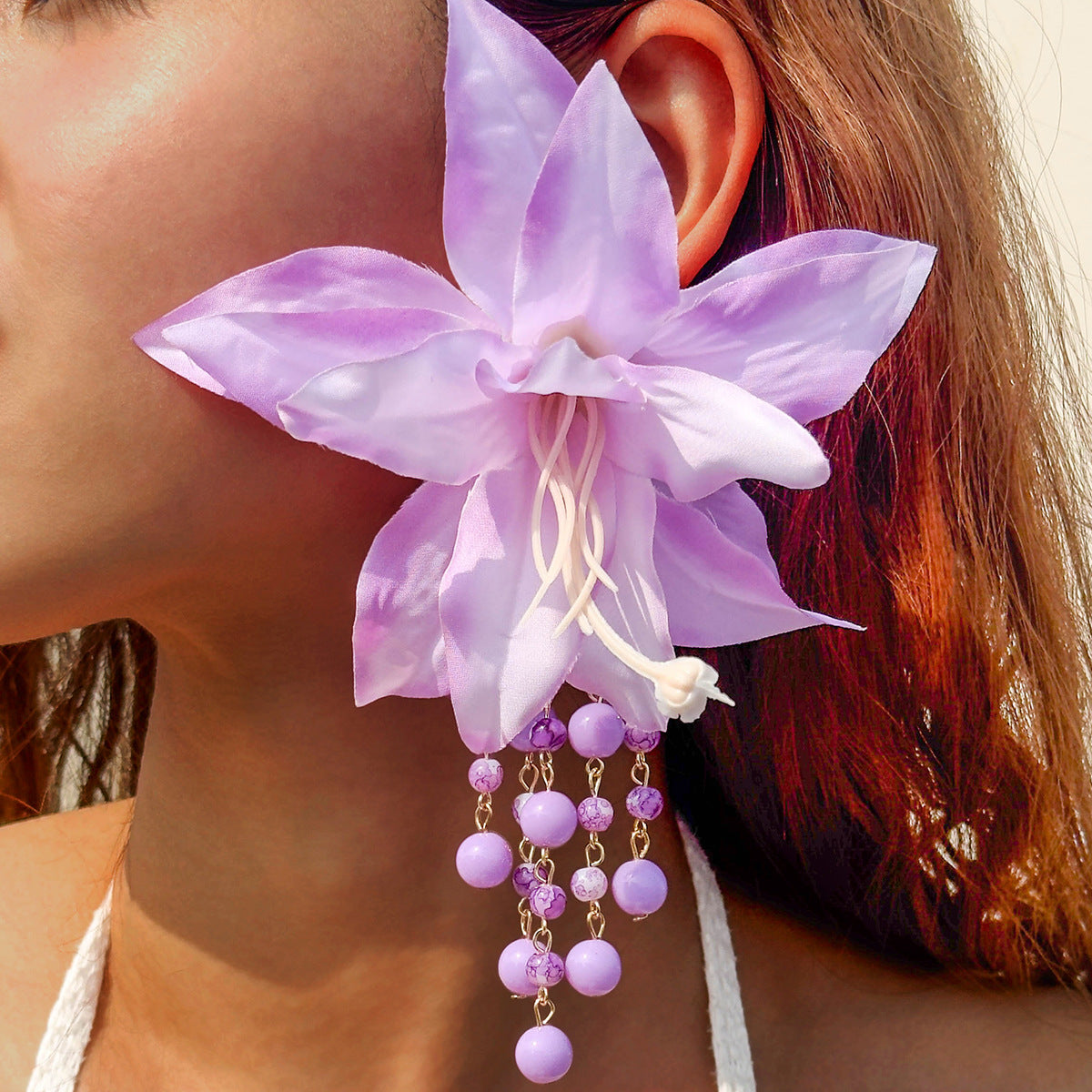 Wholesale Fabric flower tassel beaded earrings