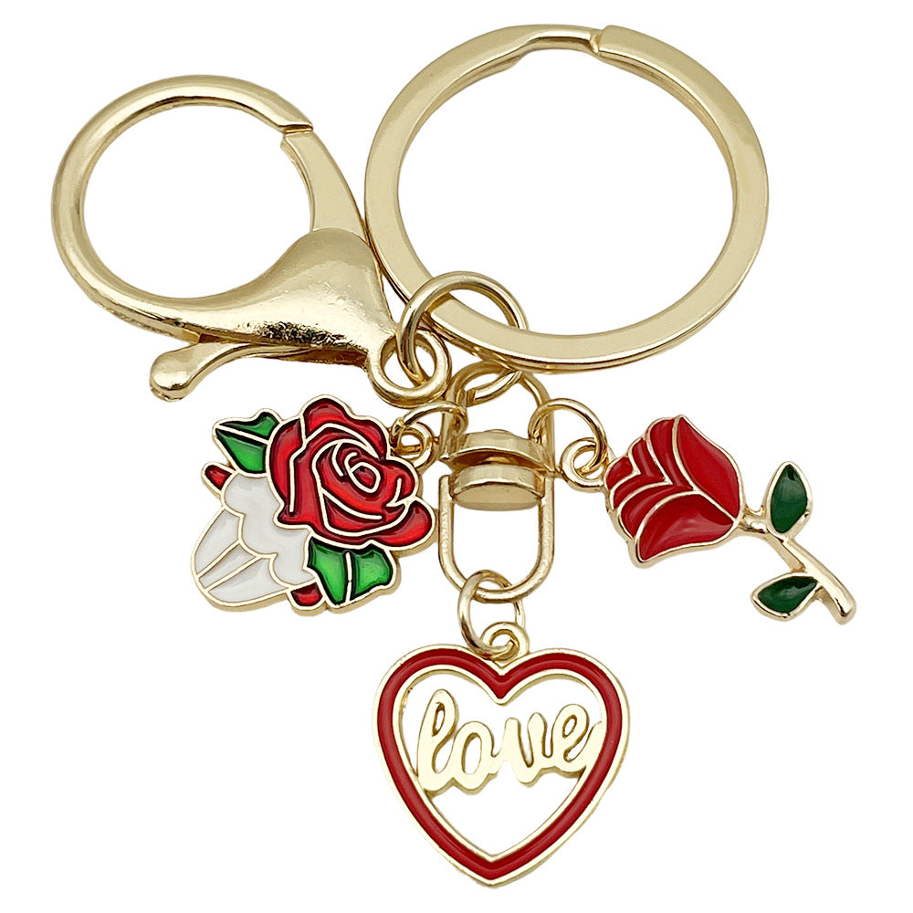 Wholesale  Valentine' s Day Red Love Heart Rose Keychain
