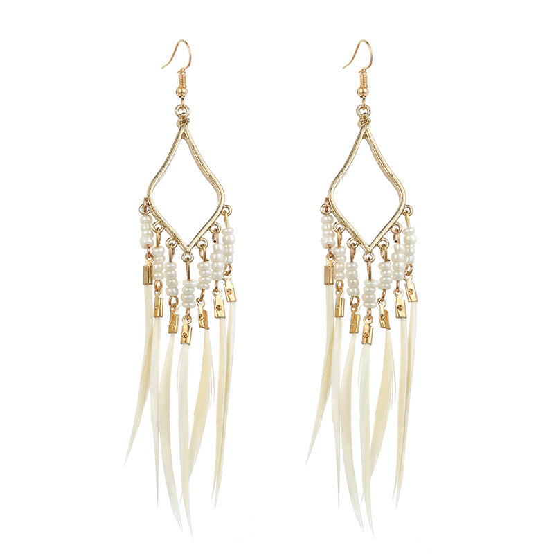Wholesale Bohemian Slim Feather Tassel Earrings