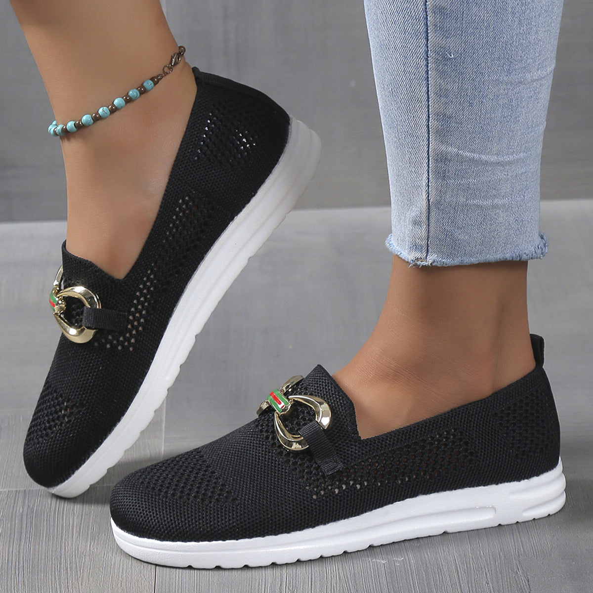 Wholesale Metal Chain Slope Heel Thick Sole One Step Breathable Lightweight Mesh Large Casual Single Shoes for Women