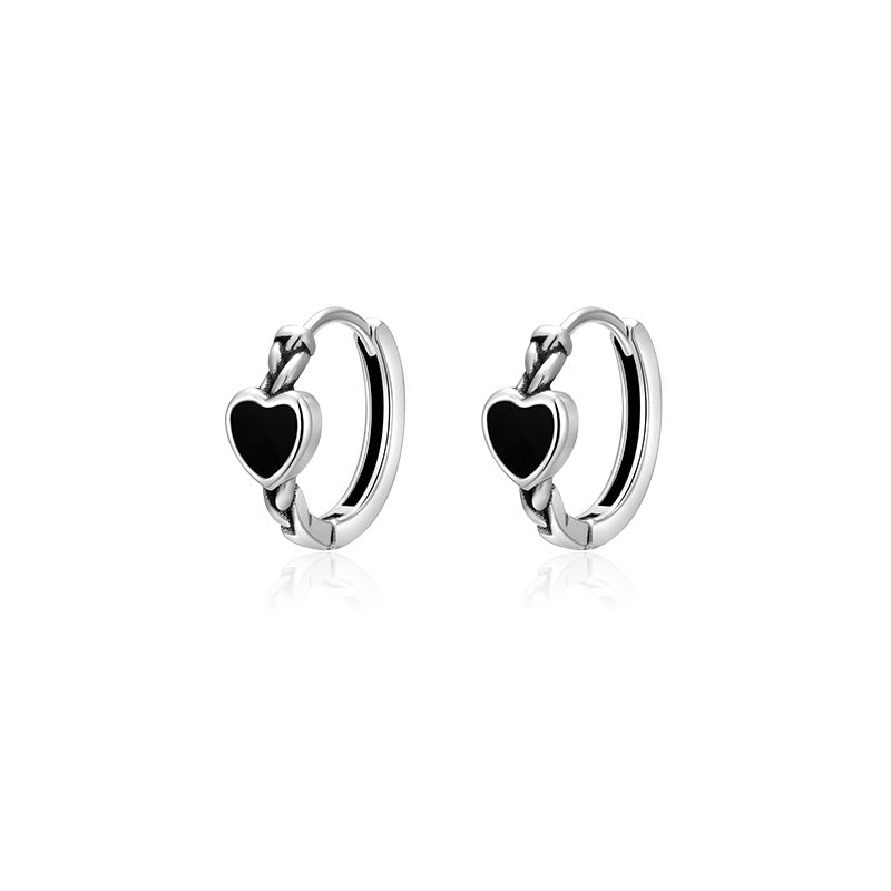 Wholesale Silver Needle Black Heart Hoop Earrings