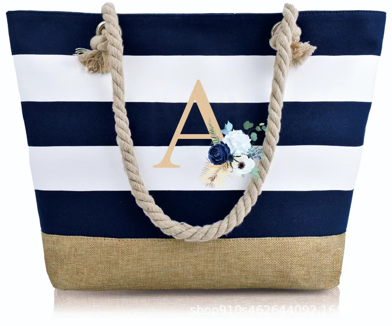 Wholesale Letter Canvas Striped Beach Handbag Zipper Multi-pocket Tote Bag