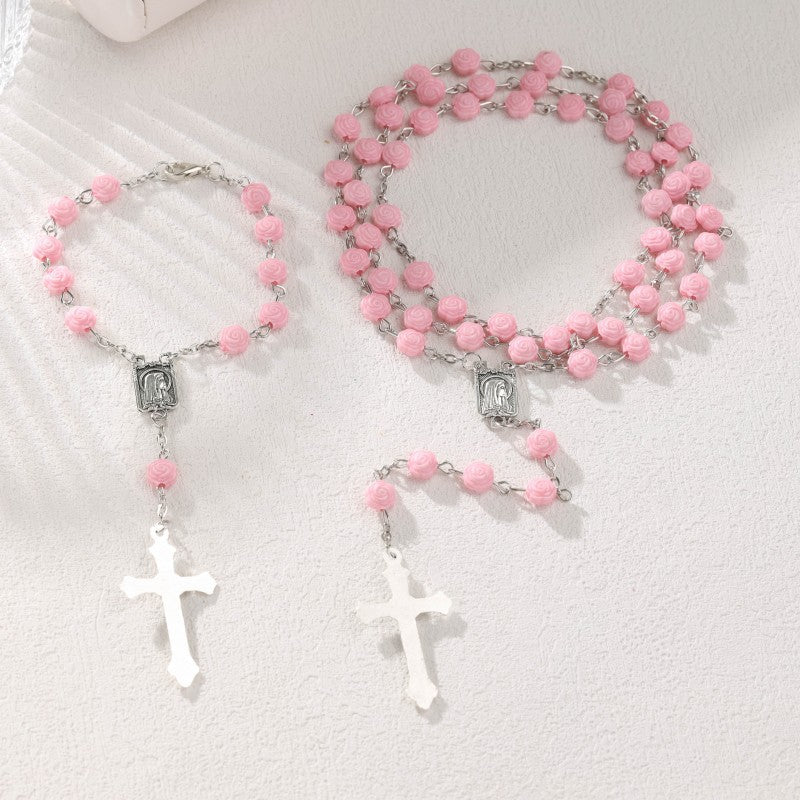 Wholesale 10pcs/pack  Pink Rose Flower Beaded Cross Bracelet Necklace