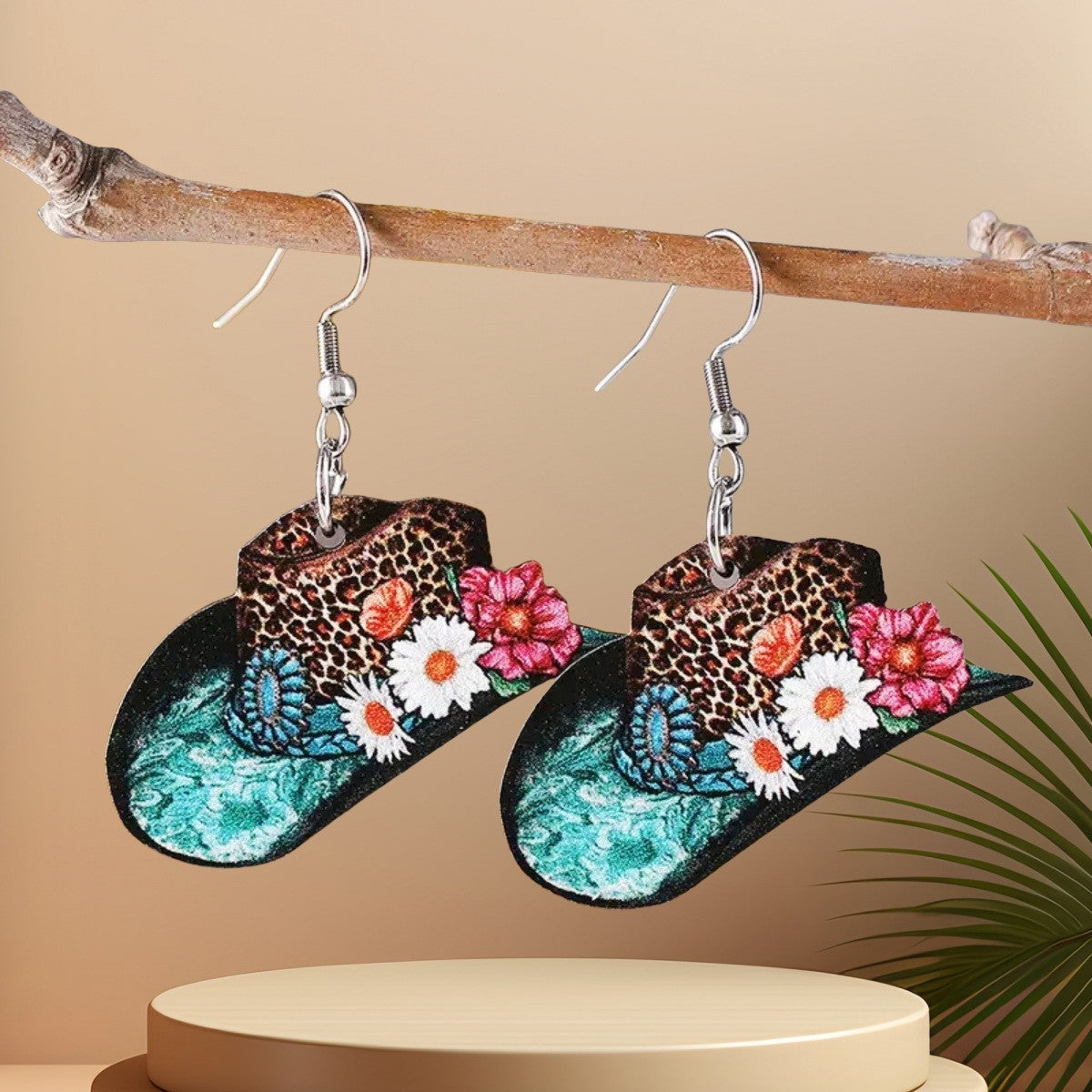 Wholesale Western Cowboy Hat Horseshoe Flower Pendant Earrings Bohemian Acrylic Double Sided Earrings Fashion Party Gift