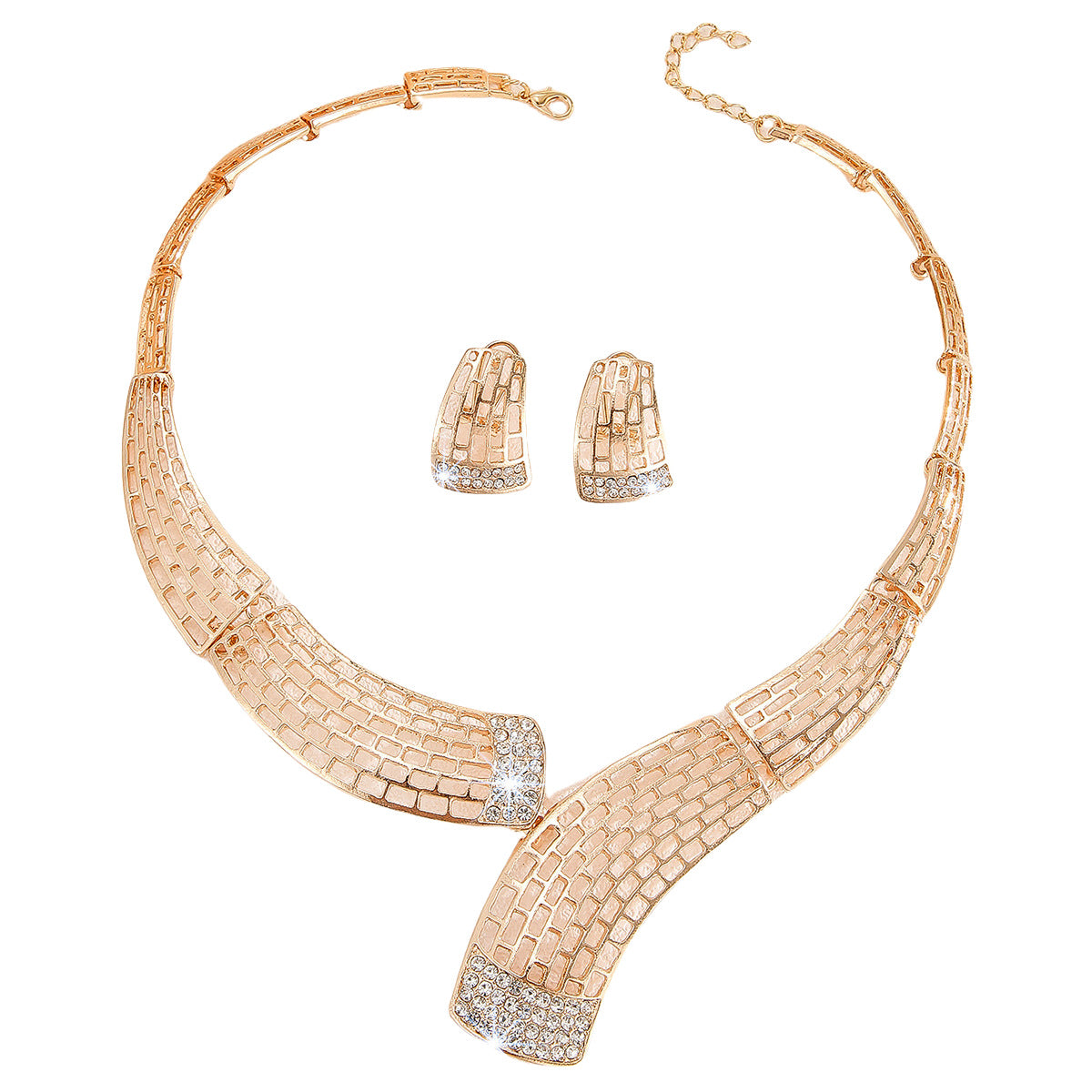 Wholesale Exaggerated Diamond Hollow Grid Necklace Earrings suit Bride Wedding Alloy Chain