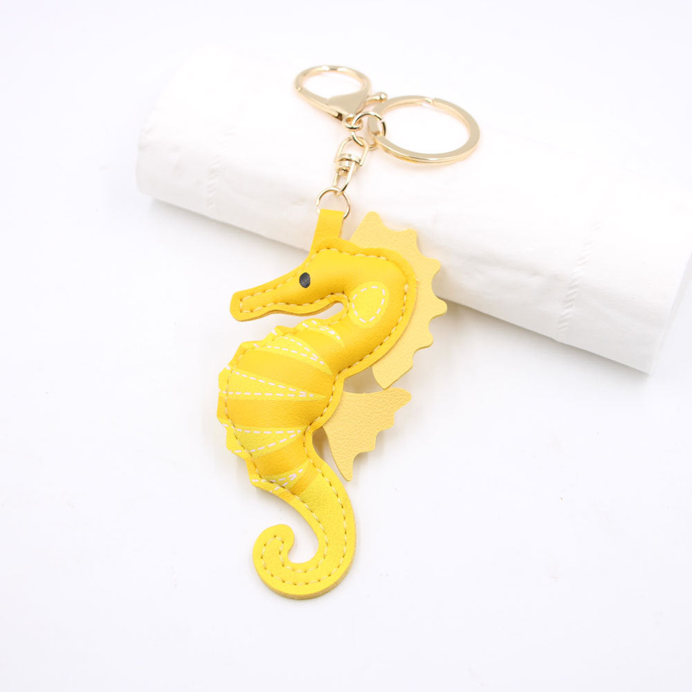 Wholesale Trendy Yellow Cartoon Seahorse PU Leather Keychain Bag Charm Car Key Accessory