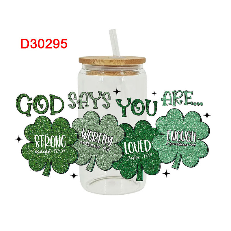 Wholesale Green Cartoon Four-Leaf Clover 16oz Cup UV DTF Wraps