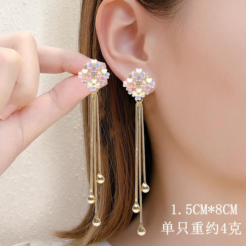 Wholesale Flower Temperament Tassel Silver Needle Diamond Earrings