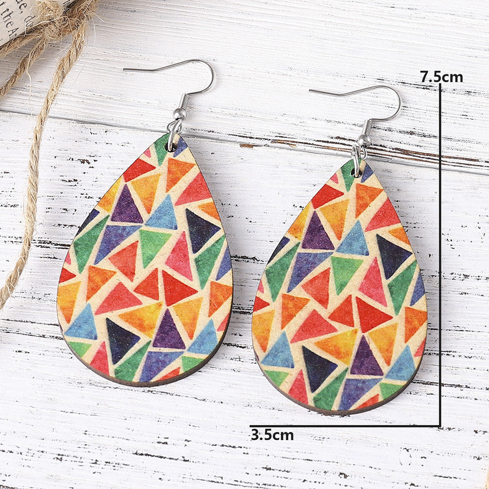Wholesale Geometric colorful triangle earrings double-sided wooden teardrop earrings female Bohemian earrings