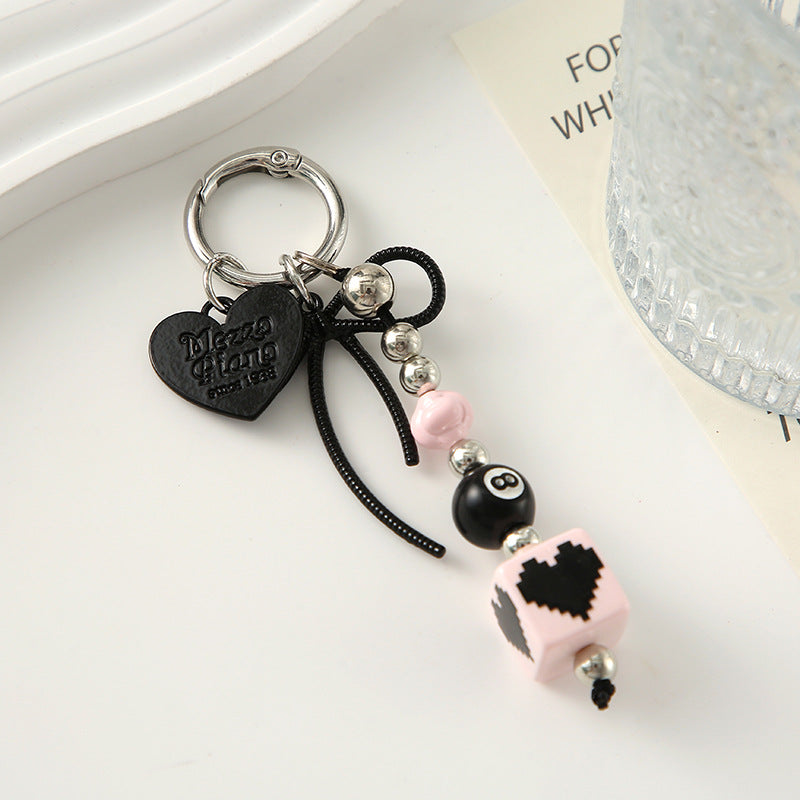 Wholesale Heart shaped bow square beads black pink keychain