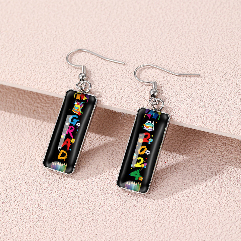 Wholesale graduation season letters school Carnival rectangular pendant glass earrings