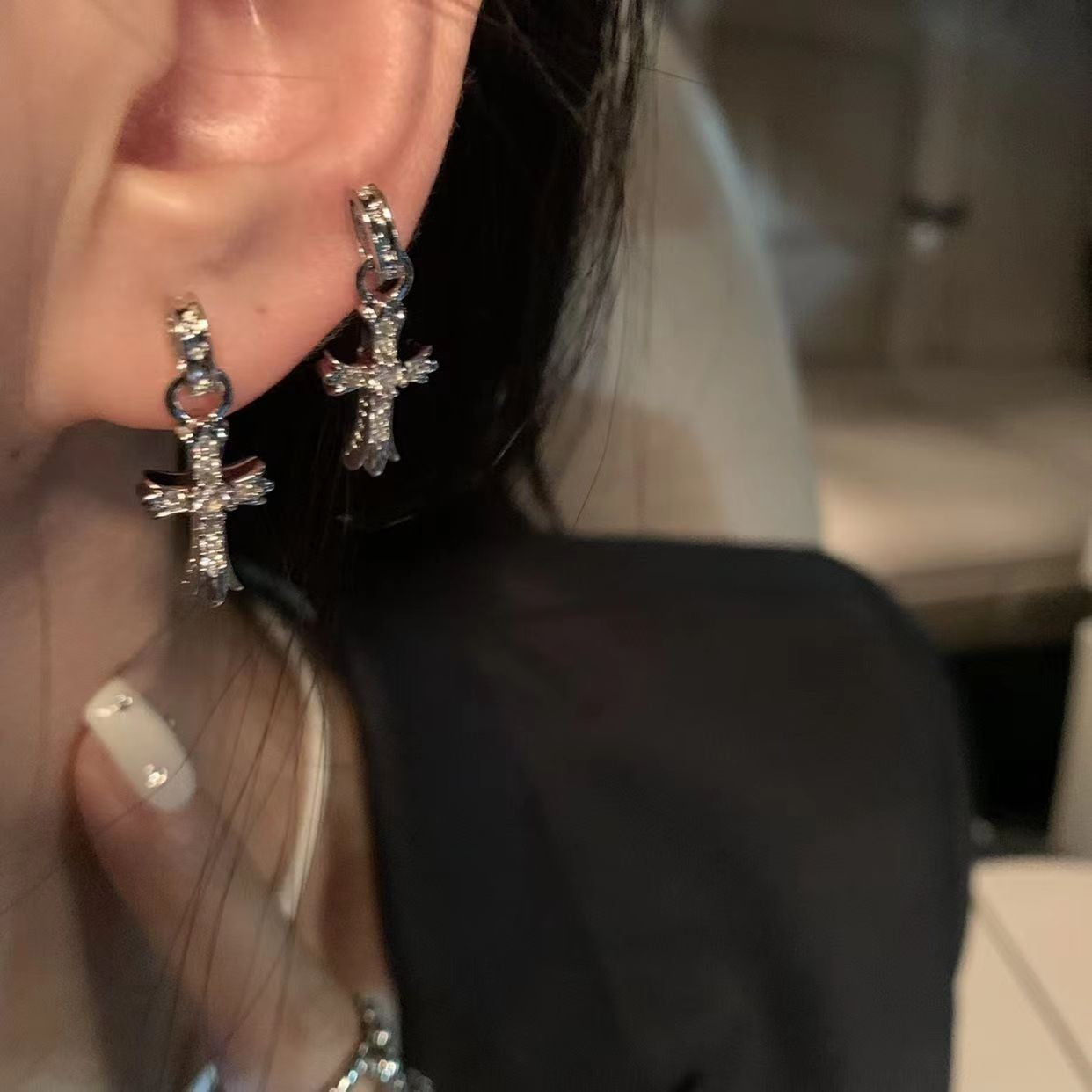 Wholesale Alloy Cross Earrings Electroplated Finish With Sparkling Rhinestones Chic Jewelry Accessory For Boutique Resale