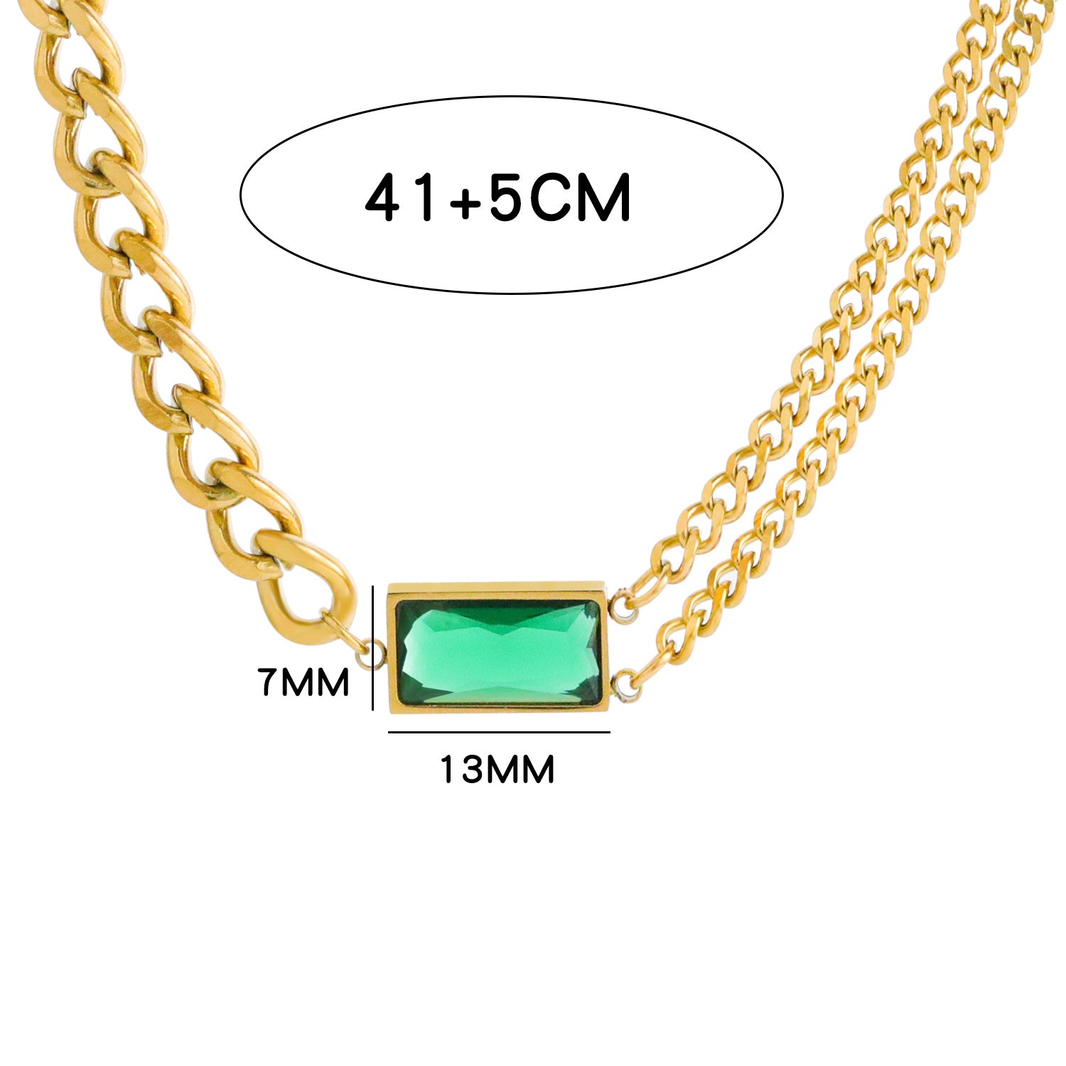 Wholesale Double Chain Stitching Inlaid Emerald Crystal Stainless Steel Necklace Sweater Chain