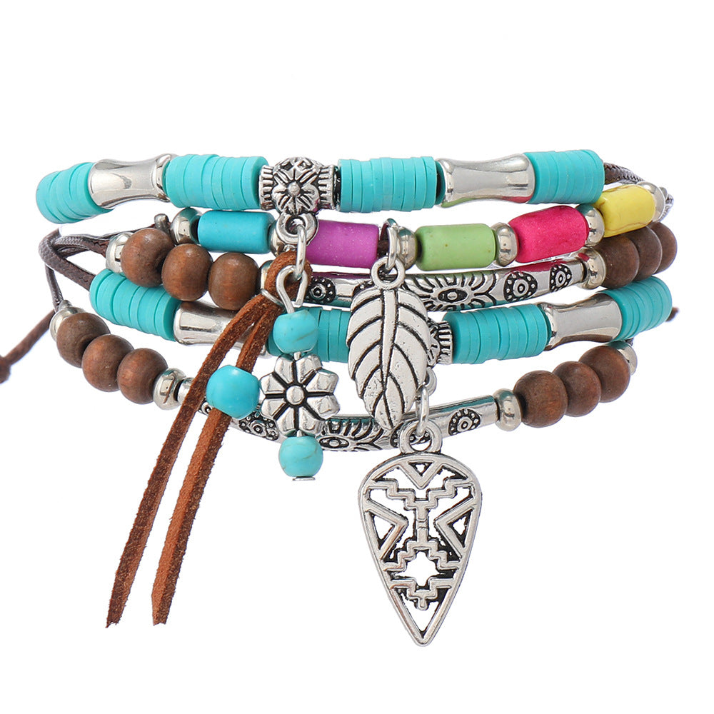 Wholesale Ethnic Bohemian Turquoise Tow Hat Tassel Handmade Multi-layer Bracelet Bracelet