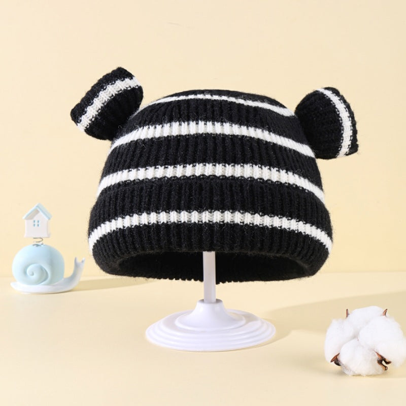 Wholesale Bear Ears Knitted Plush Children's Striped Contrast Color Autumn and Acrylic Winter Hats 10PCS