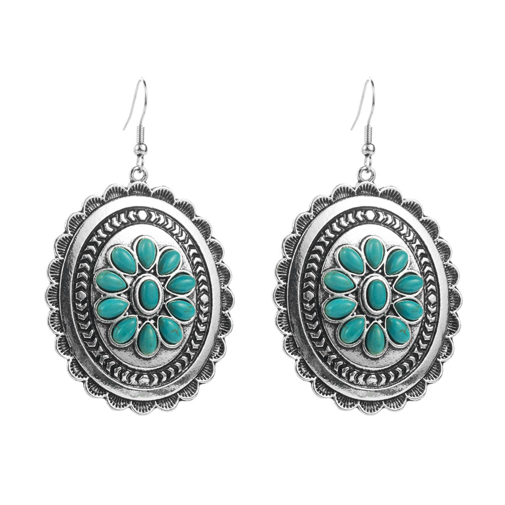 Wholesale Exaggerated turquoise retro geometric multi-layer long earrings