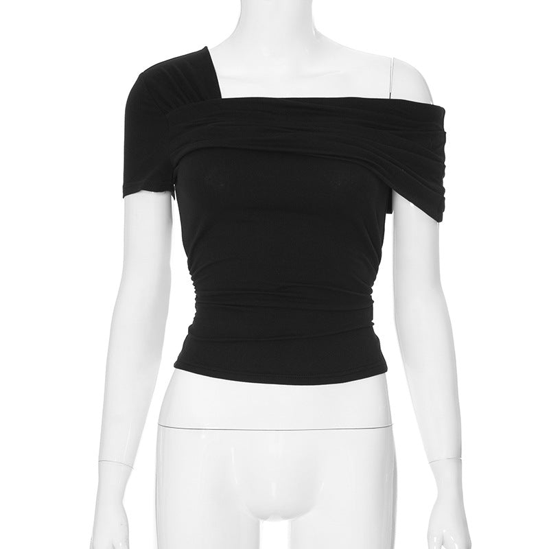 Wholesale Polyester Solid Color Single Shoulder Short Sleeved Open Back Pleated Top T-shirt