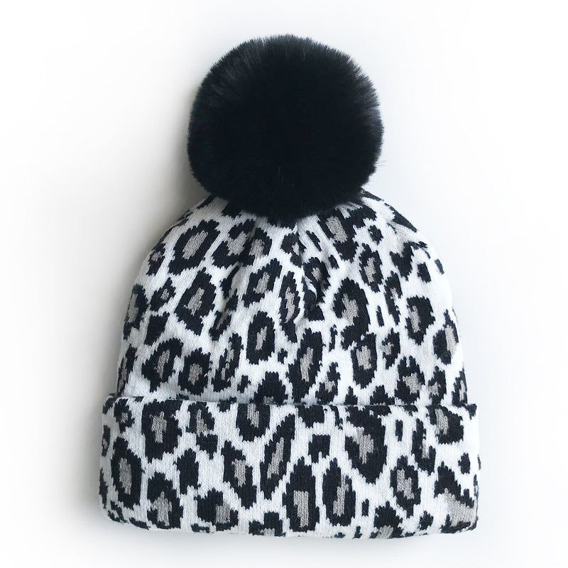 Wholesale Autumn and Winter Warm Double-layer Leopard Print Large Wool Ball Knitted Hats