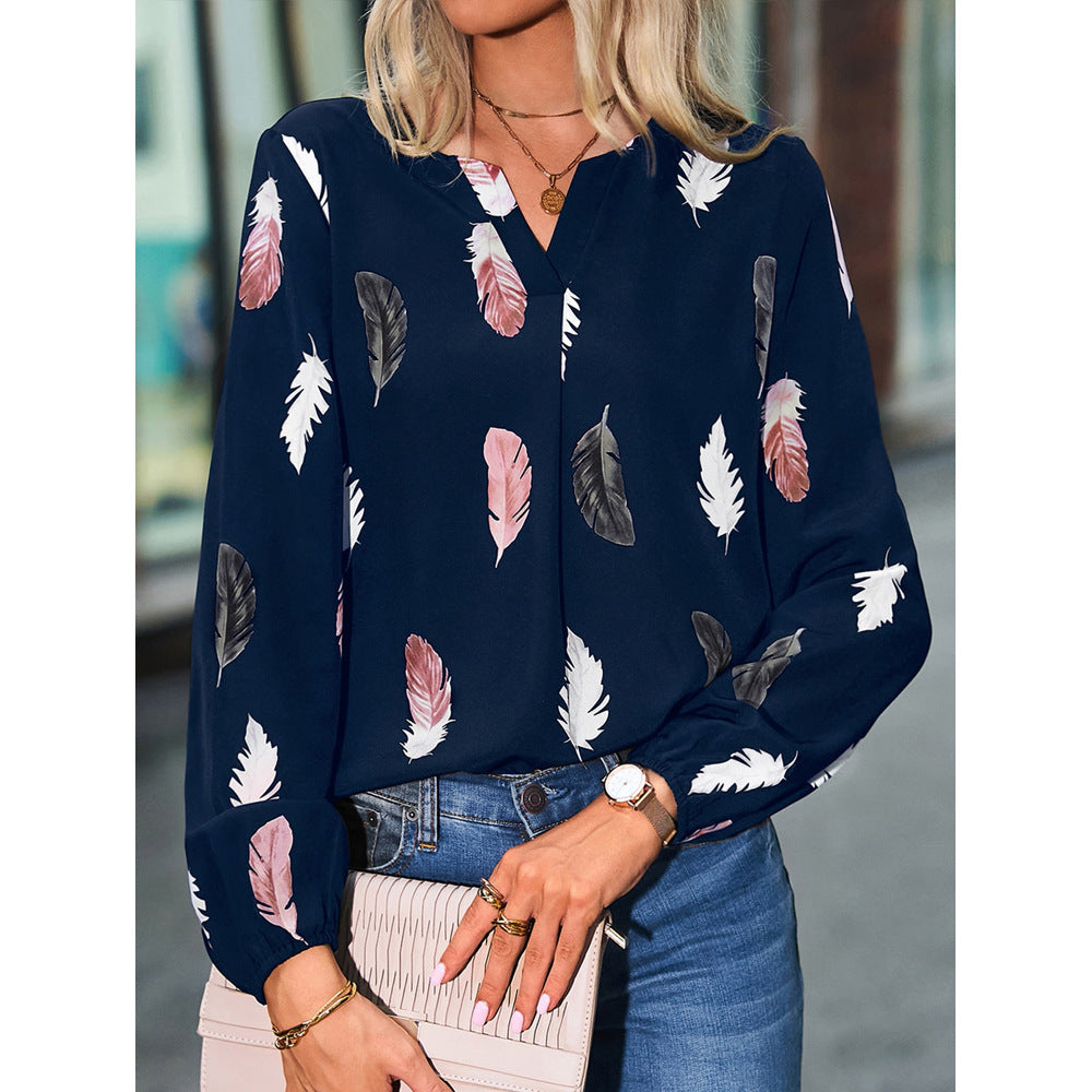 Wholesale Autumn and Winter Women's V-neck Feather Printing Long Sleeve Loose T-shirt
