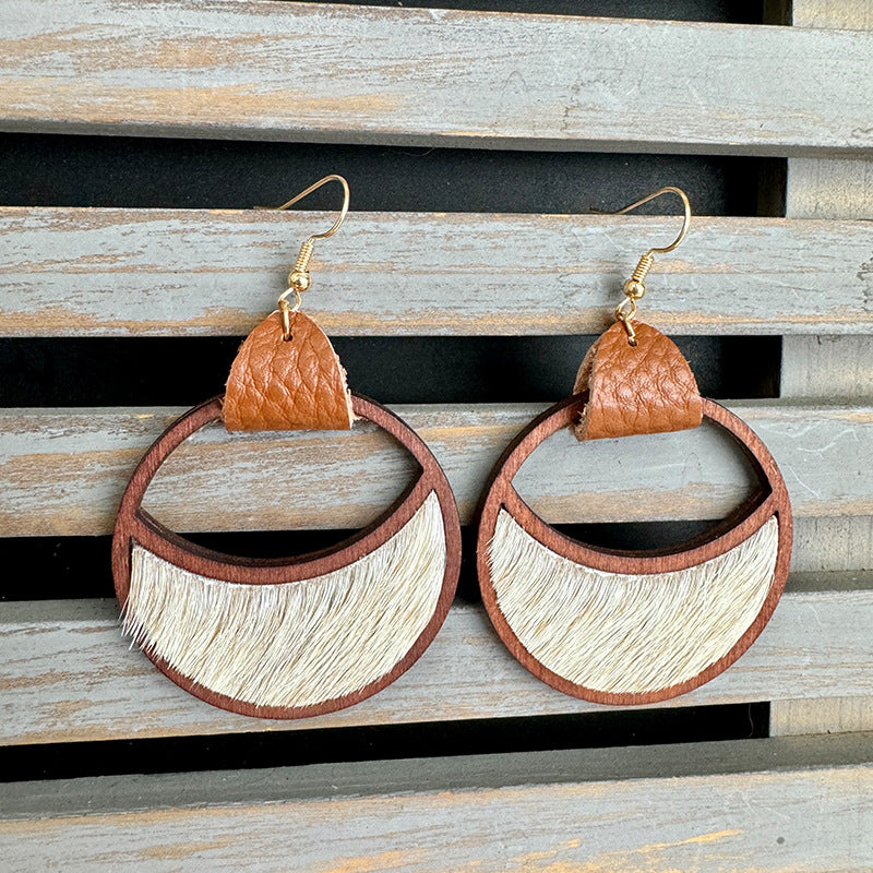Wholesale Western Leather Circular Geometric Hollow Inlaid with Leopard Print Classic Exaggerated Earrings
