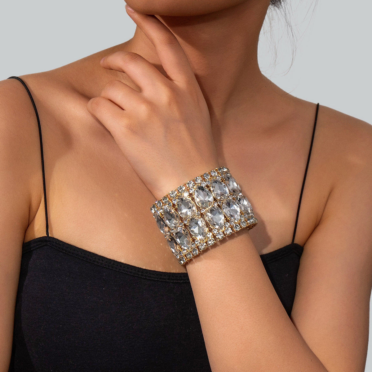 Wholesale Popular Fashion Rhinestone Crystal Gemstone Elastic Wide Alloy Bracelet