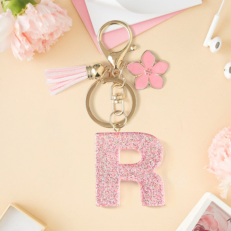 Wholesale Pink 26 letter Sparkling Pink Flower Tassel Keychain