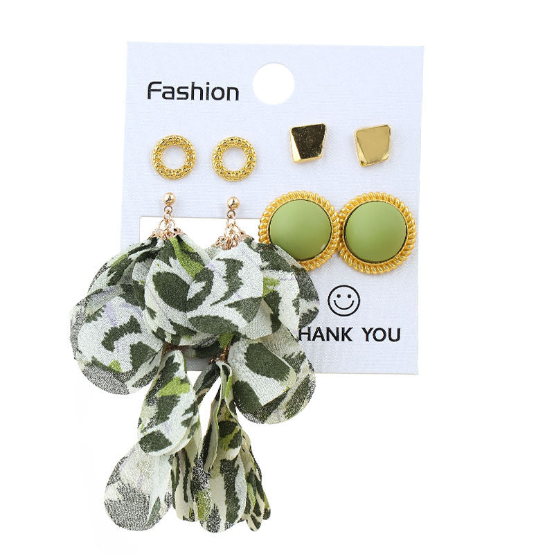 Wholesale Geometric Round Stud Fabric Tassel Earrings Set