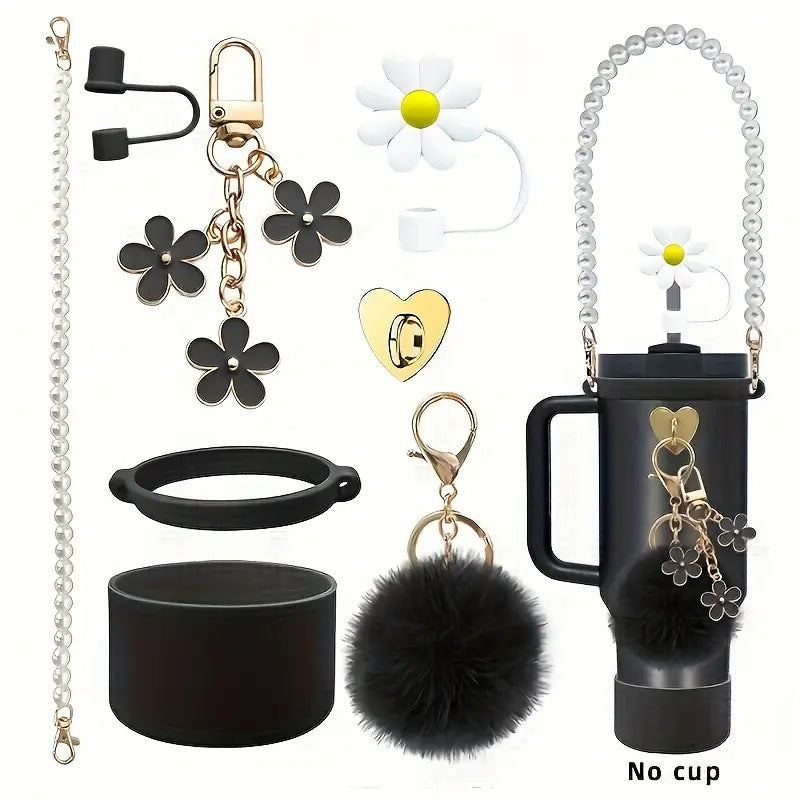 Wholesale Pearl Handle Rope Flower Cup Chain Fur Ball Silicone Straw Hat