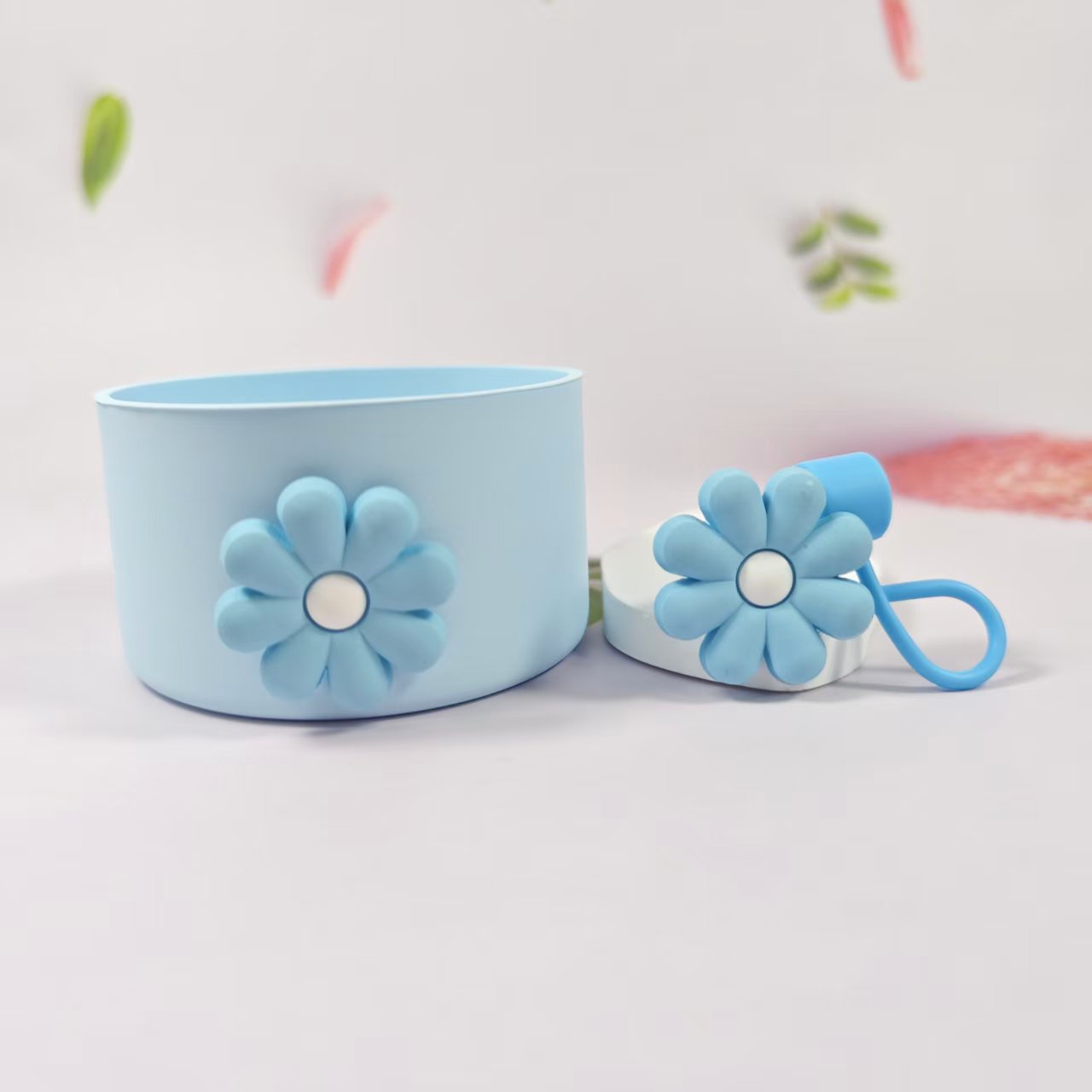 Wholesale Selling silicone insulated cup sleeves flower-decorated cup holders straw caps