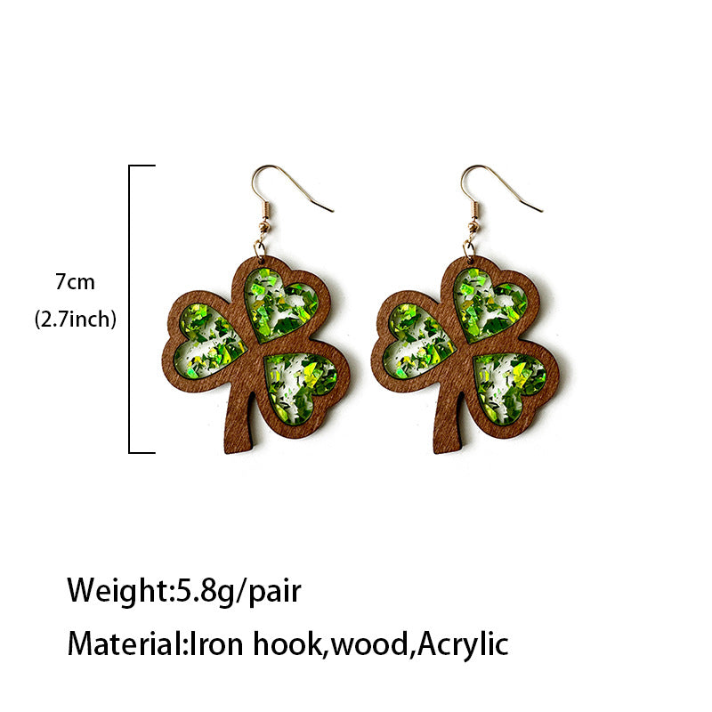 Wholesale Clover Acrylic St. Patrick's Day Wood Texture Inlay Holiday Earrings