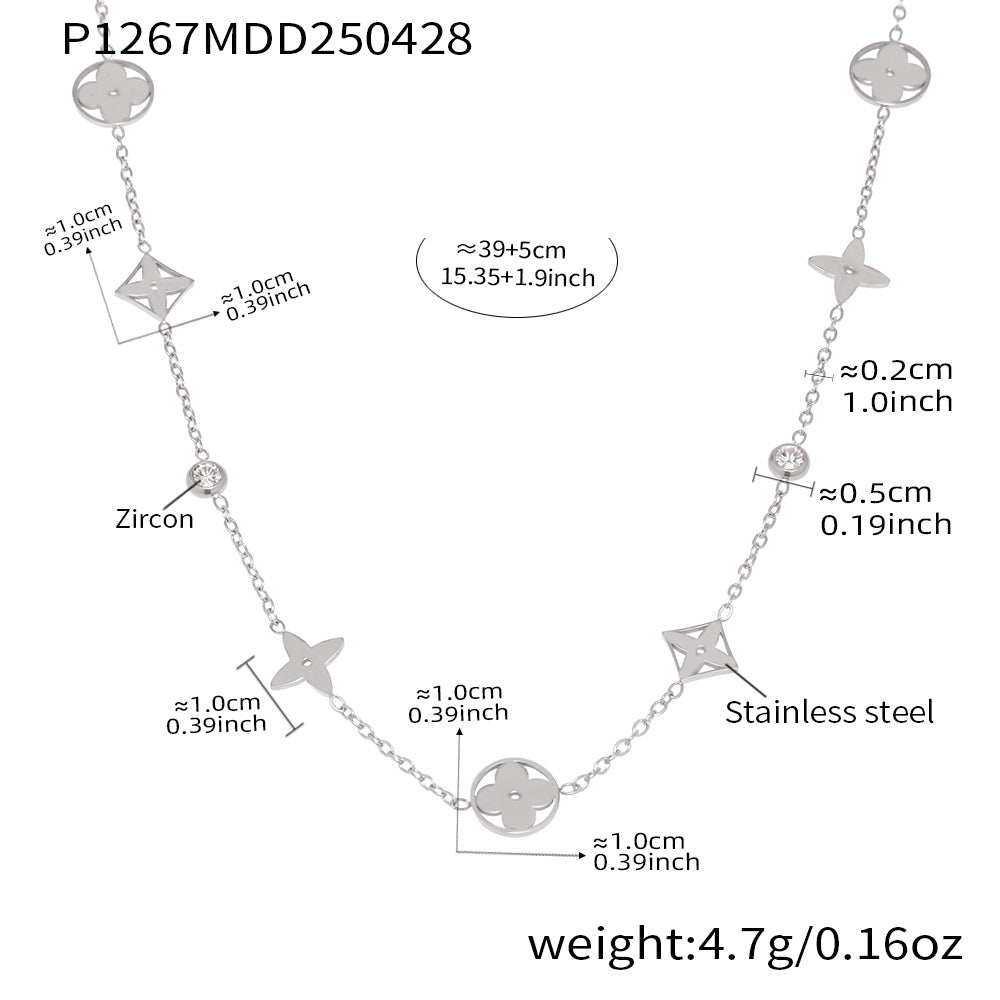 Wholesale 18K gold-plated round beads and zircon hollow lucky four-leaf flower stacking necklace