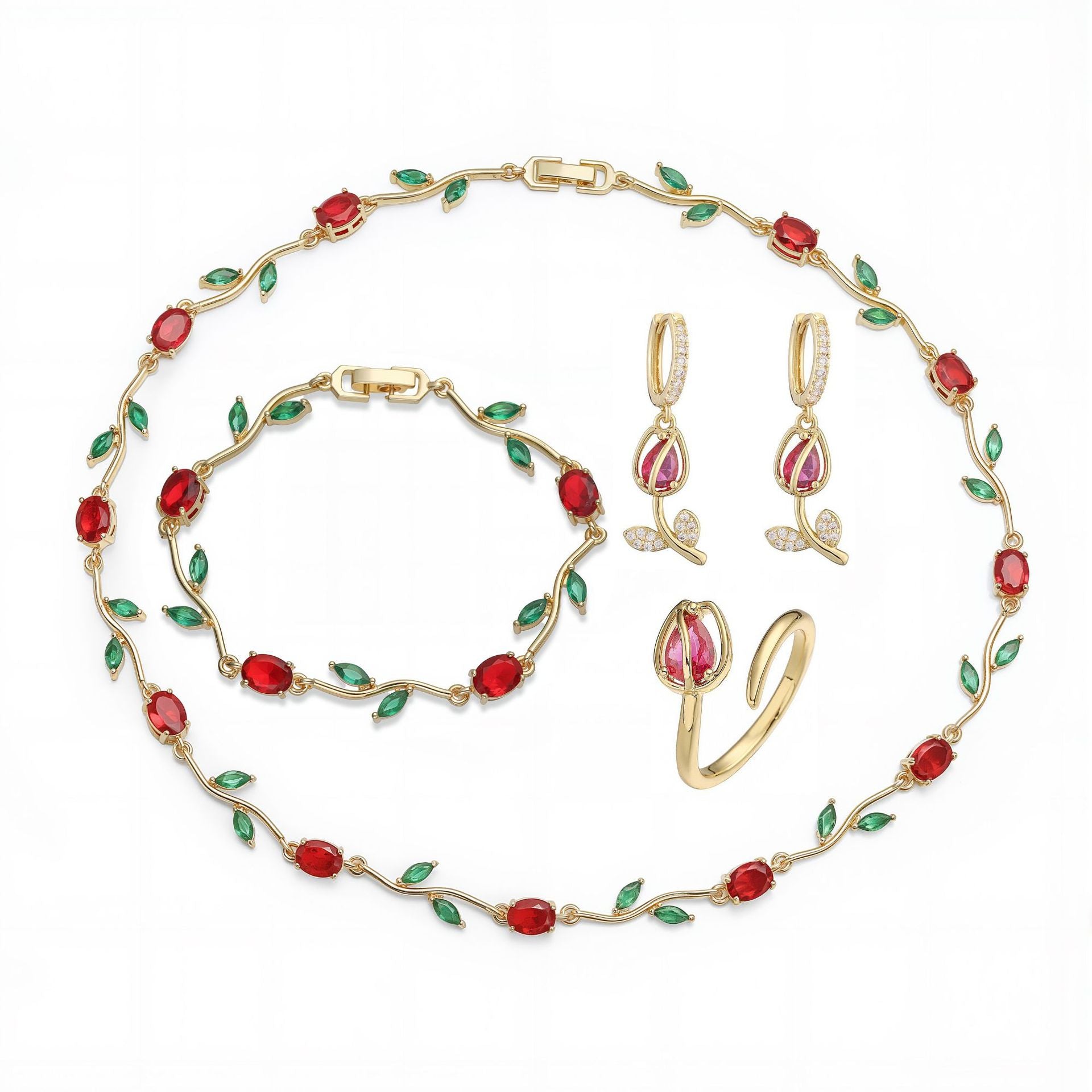 Wholesale Copper Inlaid with Colored Diamonds Leaves and Petals Bracelet