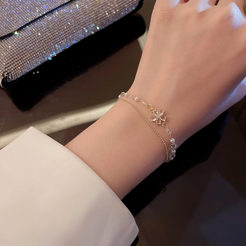 Wholesale Double Layer Pearl Zircon Flower Titanium Steel Bracelet