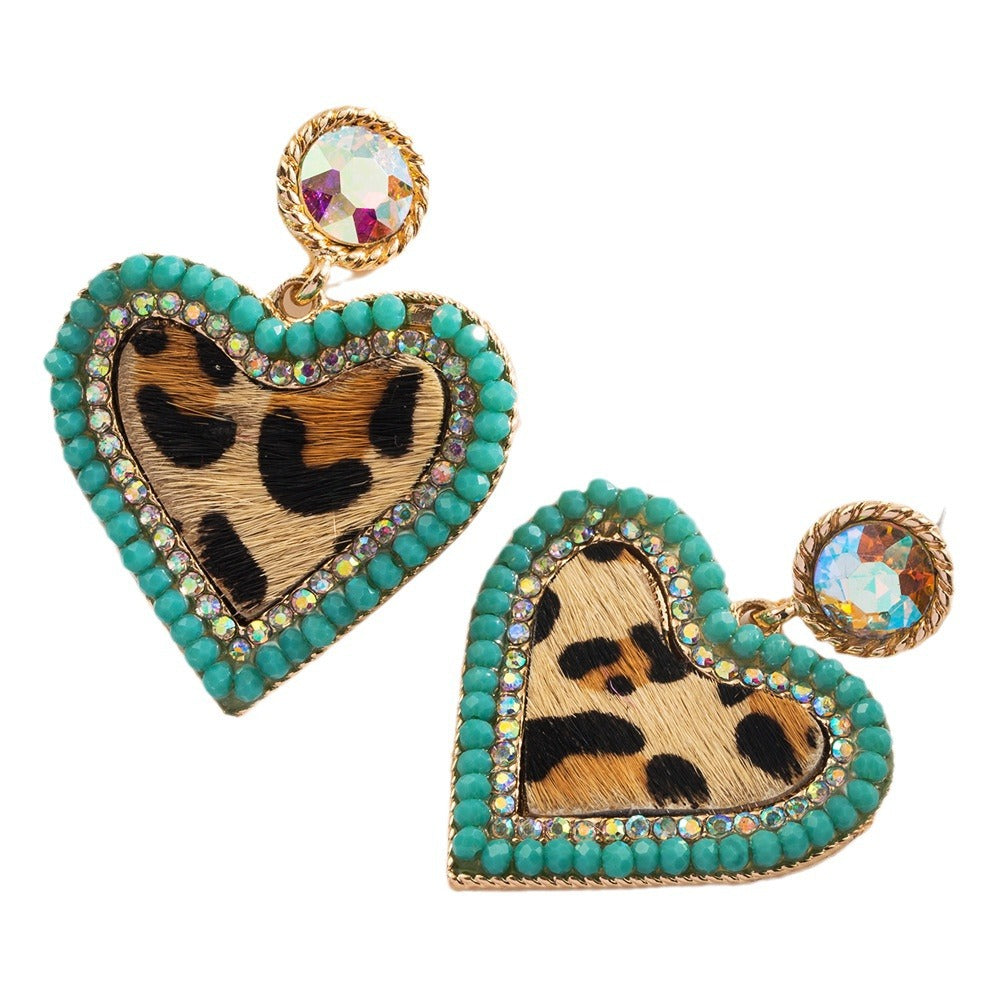 Wholesale Vintage Leopard Leather Diamond Heart Earrings